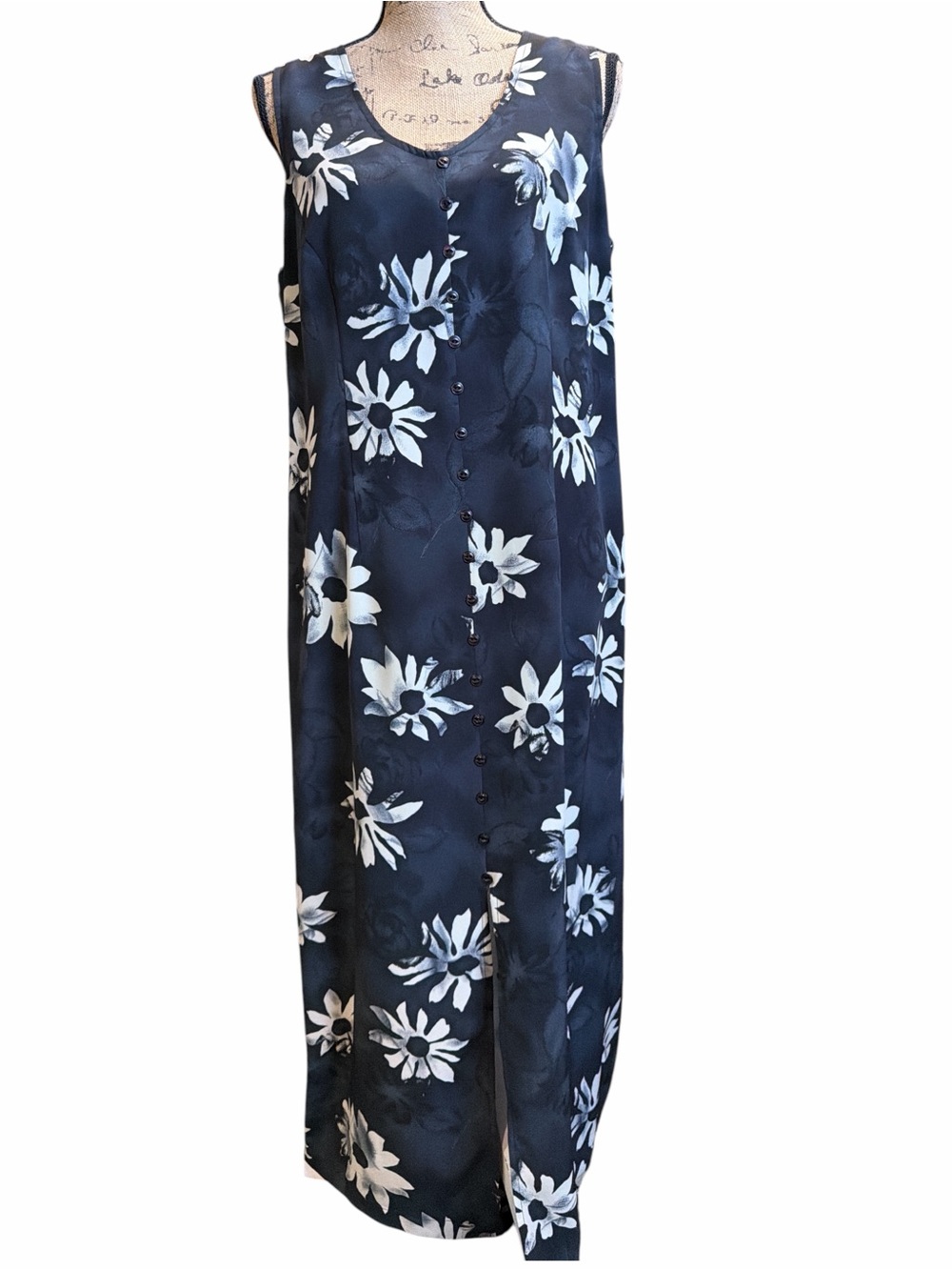 Max Taylor Vintage Dark Navy Floral Faux Button-Front Maxi Dress. EC  Size 13/14